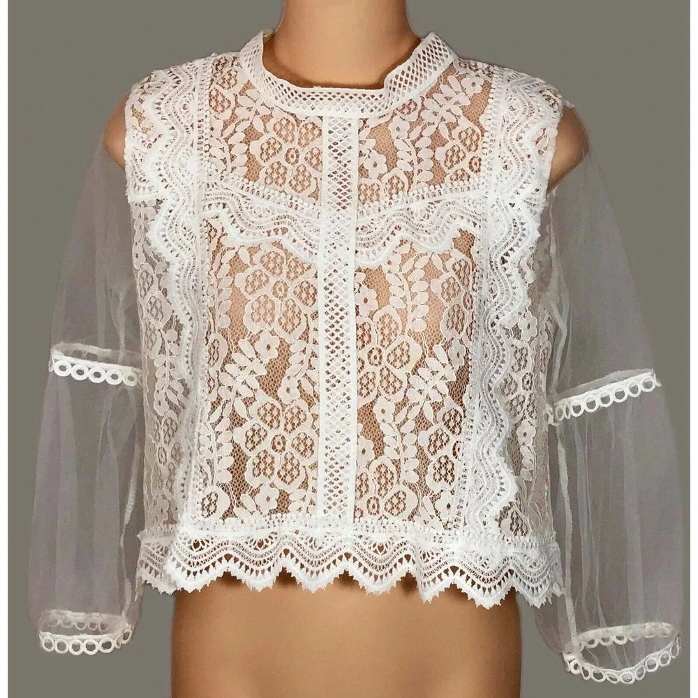 White BOHO Lace Top with Long Mesh Sleeves Crop Summer Blouse One Size RT-01